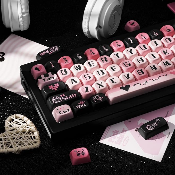 131 Keys PBT Keycaps Dye-Sublimation Black and Pink MOA Profile Custom Cute Keycaps for Cherry Gateron MX Swithes Mechanical Keyboards