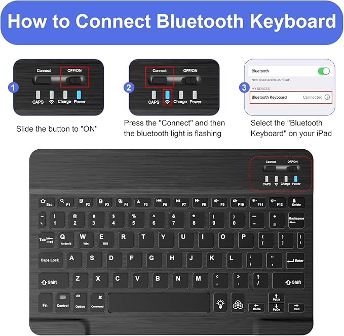 Soke for iPad (A16) 11th/10th Generation Case with Keyboard(2025/2022)-7 Color Backlight Wireless Detachable Folio Keyboard Cover with Built-in Pencil Holder for iPad 11/10.9 inch, Ebony