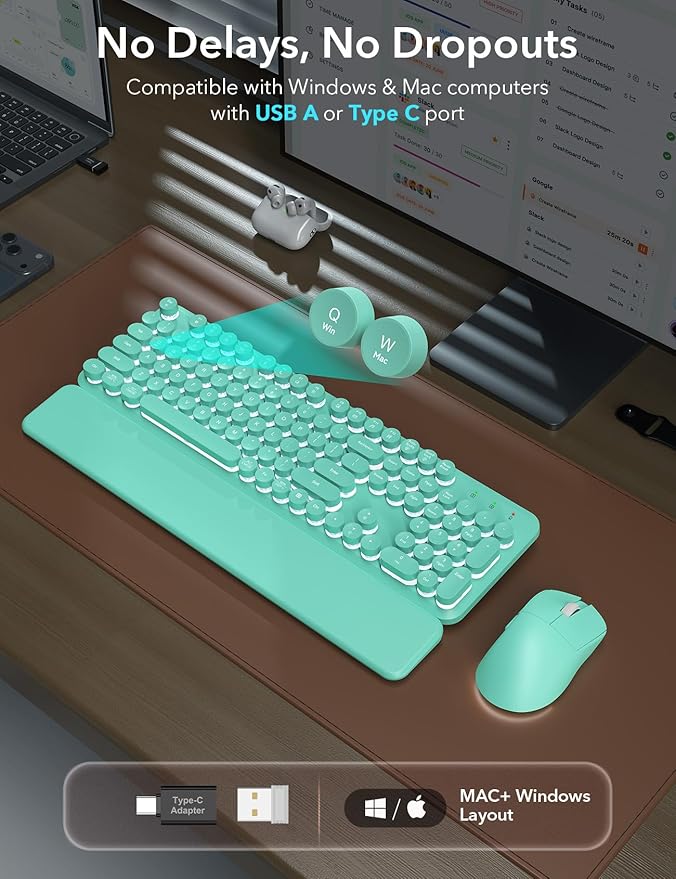 Wireless Keyboard and Mouse Backlit - Typewriter Keyboard with Magnetic Wrist Rest, Retro Round Keycaps, Light Up Letters, 2.4GHz Cordless Combo for Mac, Windows, PC, Laptop, Trueque