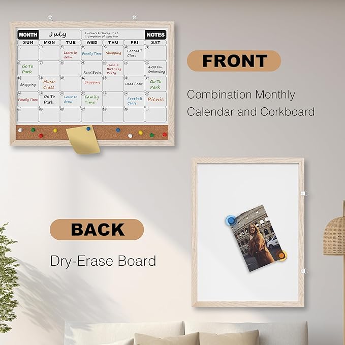 Monthly Calendar Dry Erase Board 16x12 Inch, Double-Sided Whiteboard and Corkboard Combo with White MDF Frame, Wall Mounted Planner Organizer with Markers, Magnets, Push Pins, Eraser
