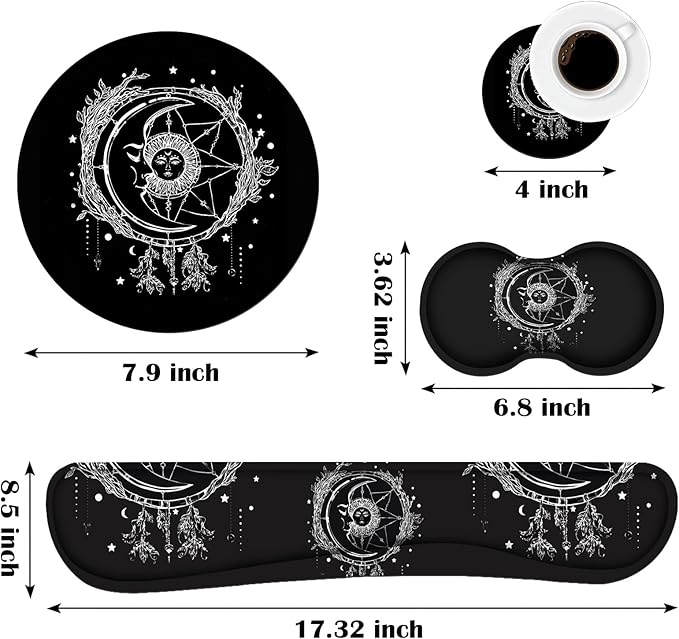Keyboard Wrist Rest and Mouse Pad Wrist Rest Set with Coasters [4Pcs], Ergonomic Support, Non-Slip Rubber Base for Home OfficeEasy Typing & Pain Relief, Celestial Theme Sun with Crescent Moon