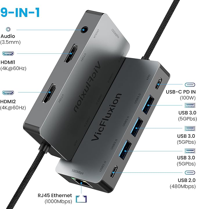 USB C Docking Station Dual Monitor, 9-in-1 USB Hub with 2 HDMI 4K@60HZ, 1×1000Mbps Ethernet, 3× USB 3.0, 1× Type C, 1× PD Charging, 1×3.5mm Audio, HDMI Adapter for Laptops/Computer/Tablets/Mac/Windows
