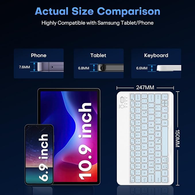 OMOTON Bluetooth Keyboard for Tablet/Android/Windows/iOS, with 7 Colors Backlight Rechargeable Wireless Mini Keyboard for Galaxy Tab A9+ / S9 FE / S10 / S11 / A11 Series etc, Blue