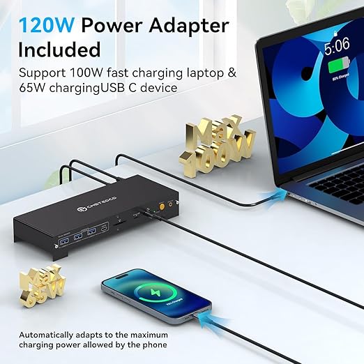 USB C KVM Docking Station Switch 3 Montors 2 Computers with 100W PD Supply Hybrid Displayport and HDMI KVM Triple 4K60Hz or Dual 4K144Hz Extended Display for Laptop and PC Share 15 in 1 Dock