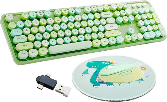 Wireless Keyboard and Mouse Combo, Ergonomic Cute Retro Typewriter Full Size Colorful USB Cordless Keyboard Mouse Set for Gaming and Office (Green)