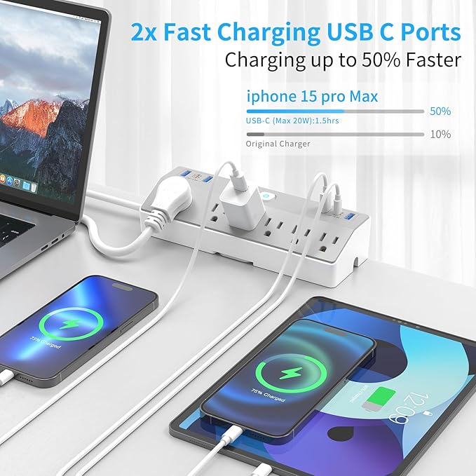 Desk Clamp Power Strip with 40W Fast Charging USB-C, JXGUCAT 10Ft Desk Mount Surge Protector with 6 Outlets 6 USB Ports, Flat Plug Extension Cord Home Office Essentials, Fit 2.48" Tabletop Edge