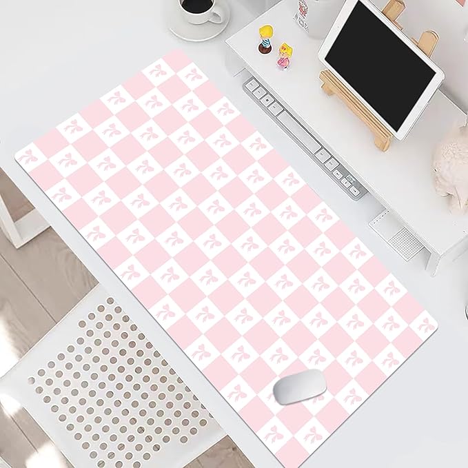 HVEST Pink Checkered Mouse Pad Cute Bow Desk Mat XXL Large Gaming Mouse Pad for Computer Keyboard Laptop, Mousepad with Stitched Edges, Home Office Desk Accessories for Girl Women 31.5'' x 15.7''