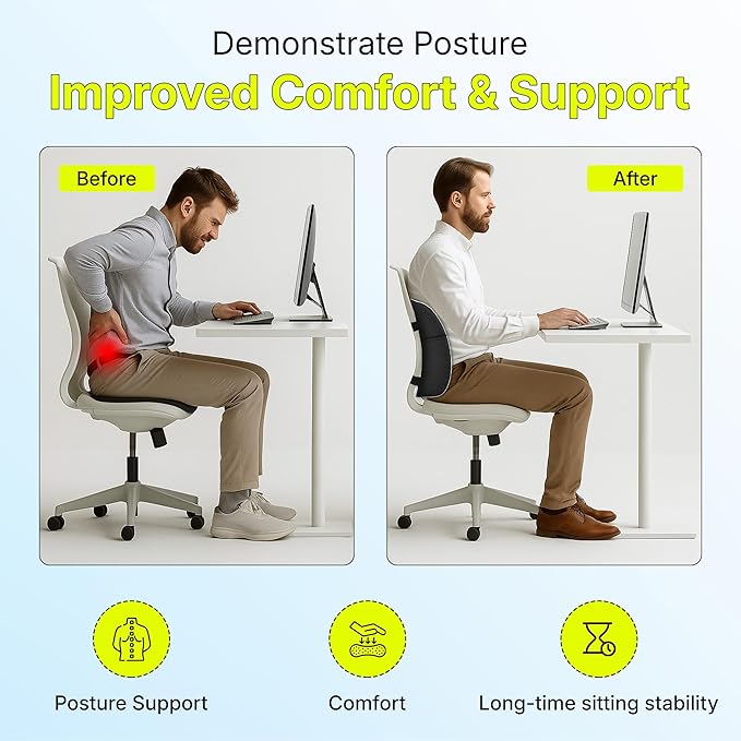 Teemtan Lumbar Support Pillow for Office Chair & Car – Ergonomic Memory Foam Back Cushion with Cooling Cover & Adjustable Strap – Support for Better Posture and Sitting Comfort