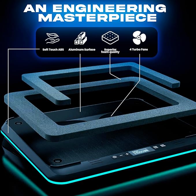 KLIM Turbofrost Gaming Laptop Cooling Pad - 4 Powerful Turbo Fans - 4 x 4000 RPM, Dynamic RGB, 4-Ports USB, Laptop Cooler 2 Power Modes USB-C/DC, Sealed Foam for Fast Cooling - Up to 17in - Black