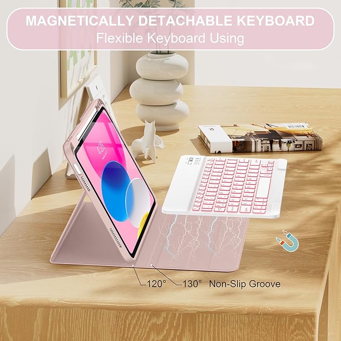 Soke for iPad (A16) 11th/10th Generation Case with Keyboard(2025/2022)-7 Color Backlight Wireless Detachable Folio Keyboard Cover with Built-in Pencil Holder for iPad 11/10.9 inch, Pink