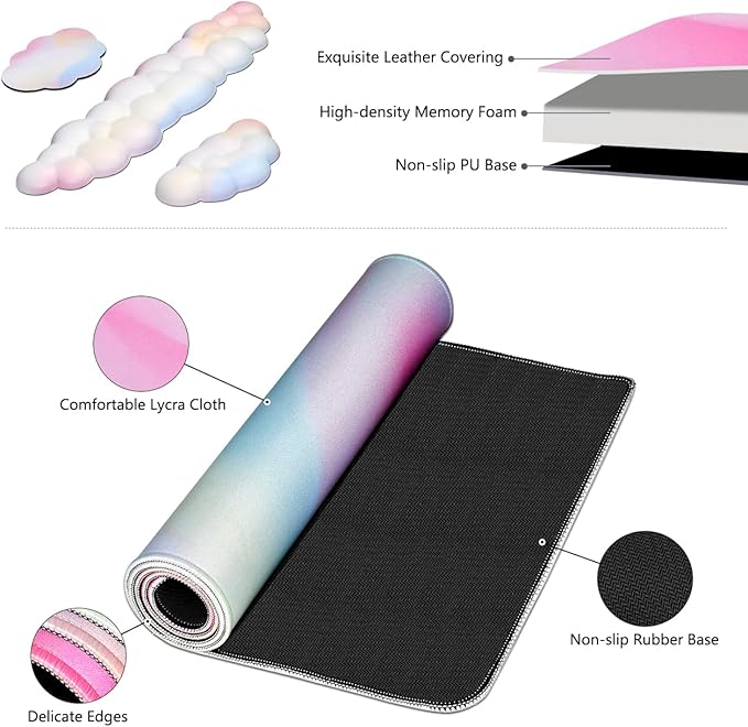 JIKIOU Large Cloud Mouse Pad Waterproof with Cloud Keyboard Wrist Pad and Cloud Mouse Wrist Pad Set, Ergonomic Computer Desk Wrist Support Mousepad for Keyboard and Mouse Rainbow 31.5x11.8in