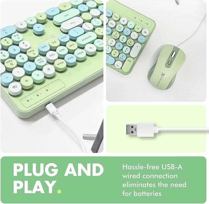 X9 Wired Keyboard and Mouse Combo with Backlight - Retro Typewriter Round Keycaps, Phone/Tablet Dock, 109 Fullsize Keys, Cute Colorful Green Keyboard, Pastel Keyboard for Laptop, PC and Chromebook