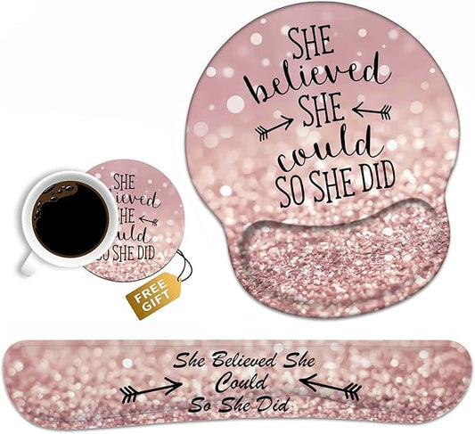 Keyboard Wrist Rest and Mouse Pad Wrist Support, She Believed She Could So She Did Inspirational Quote Non-Slip PU Base, Easy Typing and Relieve Wrist Pain, Perfect for Home Office Working Studying