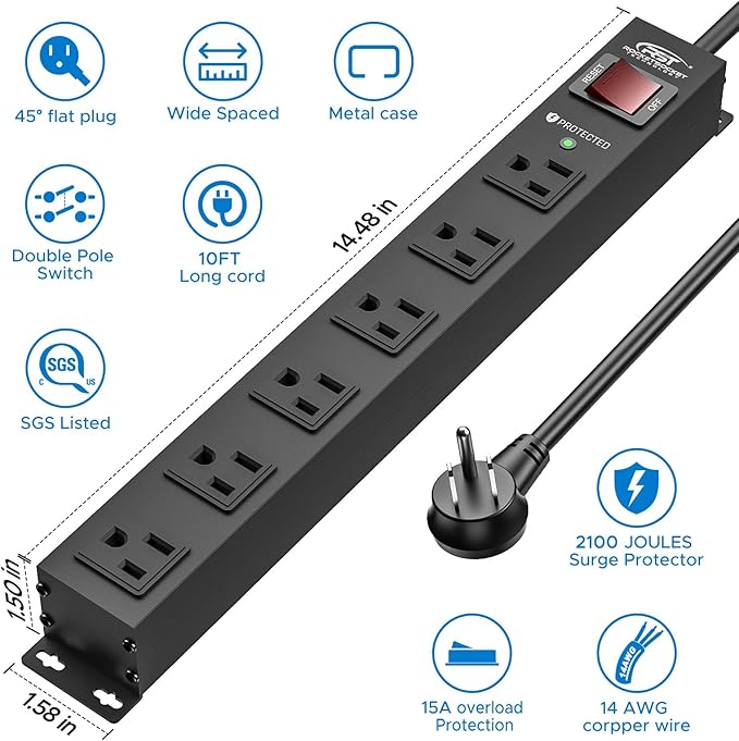 CRST 6 Outlet Heavy Duty Power Strip with Switch, 15A/1875W Metal Mountable Power Strip Surge Protector 2100Joules, 10 FT Wide Spaced Power Bar