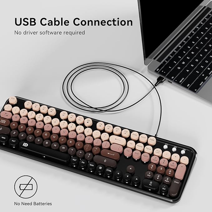 FOPETT 8870P Wired Keyboard and Mouse Combo - Full-Sized Computer Keyboards with 104 Round Keys Retro Typewriter Mouse and Keyboard for PC Windows Desktop Laptop - Black-Berry Colorful