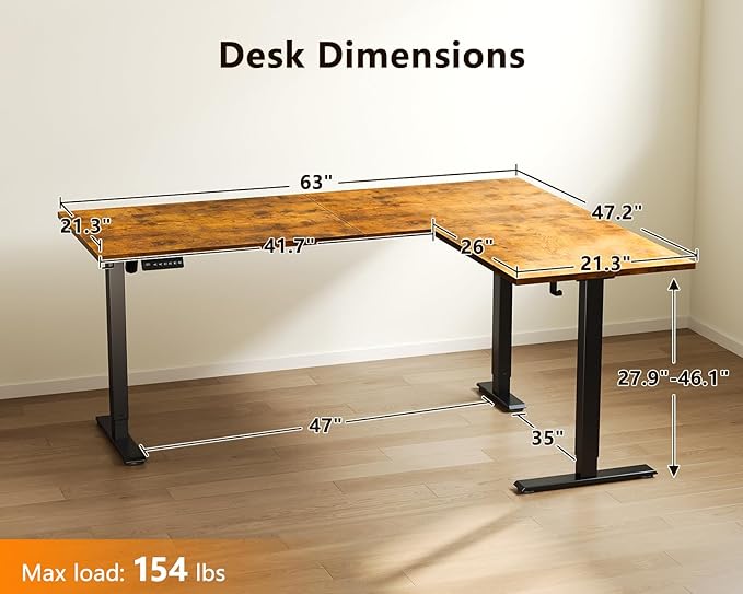 Casaottima 63 Inch Reversible L Shaped Electric Standing Desk, Ergonomic Height Adjustable Desk, Large Lift Corner Stand up Table for Workstation, Home Office, Reception Room, Rustic Brown
