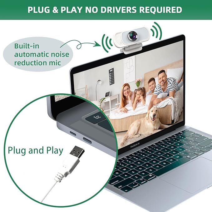 Full HD 1080P White Webcam with Privacy Shutter and Tripod, Pro Streaming Web Camera with Microphone, Widescreen USB Computer Camera for Laptop Desktop Mac