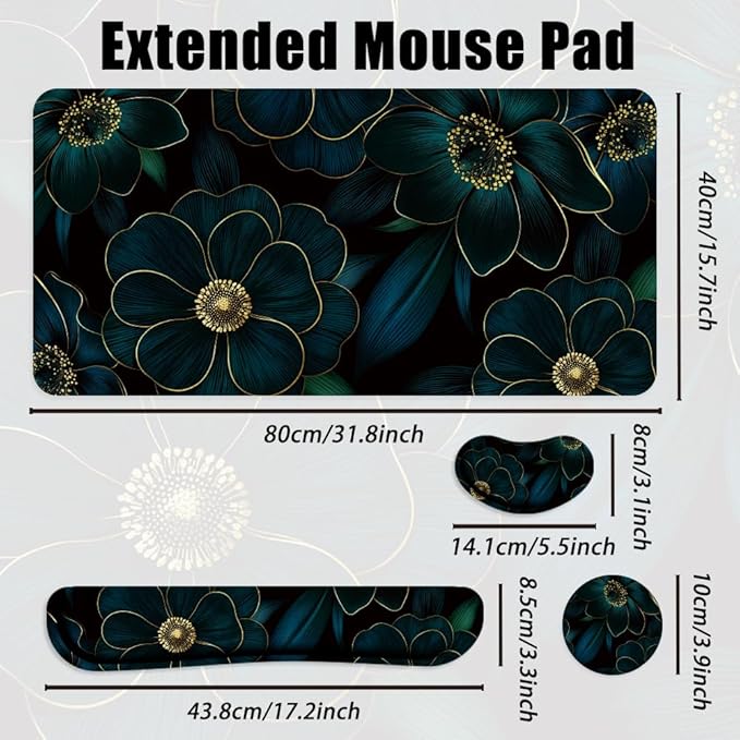 4 in 1 Large Keyboard Mouse Pad Set, Ergonomic Keyboard Wrist Rest Pad, Wrist Support Mousepad Set, Cup Coaster, Extended Desk Mat for Home Game Women Office Desk Decor (Linear Flowers)