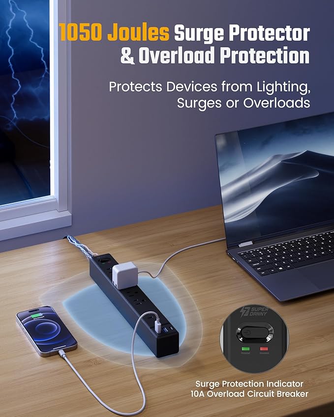 Black Long Extension Cord 20Ft, SUPERDANNY Flat Plug Surge Protector Power Strip with 6 Outlets & 3 USB Ports, Power Bar for Home Office, Dorm Room