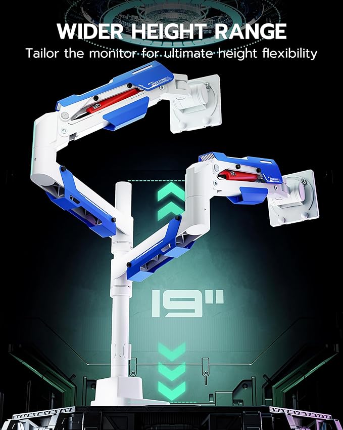 ARES WING Vertical Dual Monitor Mount - 24-57" Aluminum Heavy Duty Monitor Arms for 2 Monitors with USB A/C, Fully Adjustable Gas Spring Stacked Monitor Stand with 75/100/200 Vesa Mount, Black