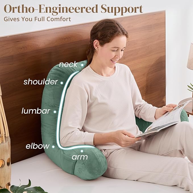 Sasttie Reading Pillow for Bed - 23 Inch, Back Pillow for Bed Sitting Up, Back-Rest Support Cushion with Side Pockets and Arms, Dorm Essentials, Oeko-Tex Certified, Sage