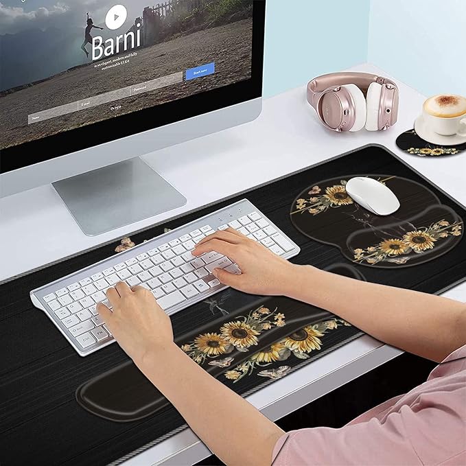 Bxgolkgd Keyboard Wrist Rest and Mouse Pad Wrist Support Set,Ergonomic Memory Foam Wrist Pad & Non Slip Base for Home Office Working Studying Easy Typing,Pain Relief,Cute Flower Cat