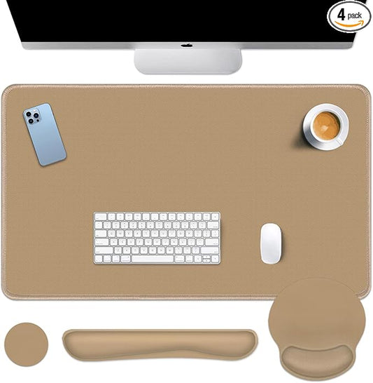 Britimes Brown Keyboard Mouse Pad Set Brown 4 in1 Large Mousepad+Keyboard Wrist Rest+Mouse Wrist Rest+Coaster Ergonomic Design for Home Office Computer 35.4x15.7Inches