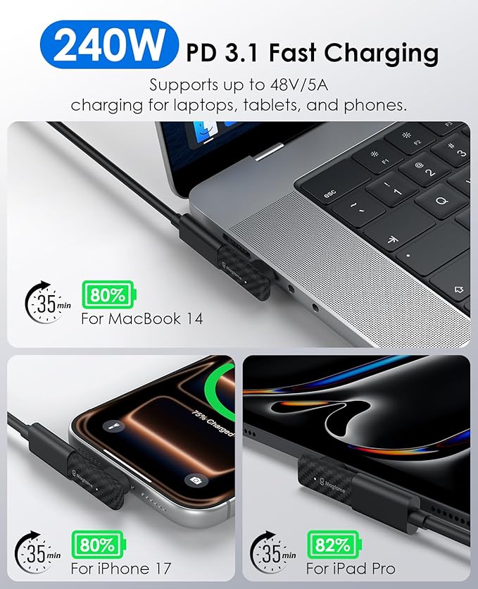 Magtame Magnetic USB C Right Angle Adapter 24Pin 240W 1Pack with 2 Tips, Carbon Fiber Plastic 90 Degree USB C Male to Female Adapter, 40Gbps Fast Charging & 4K Video for iPhone 17 16, Laptop, USB4