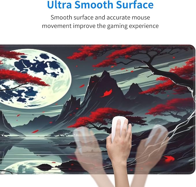 Japanese Dark Red Moon Desk Mat Large Gaming Mouse Pad Dark Red Moon Extended Mousepad Big in Laptop Computer Mouse Keyboard Mat for Office Desk Decor 31.5x12 in