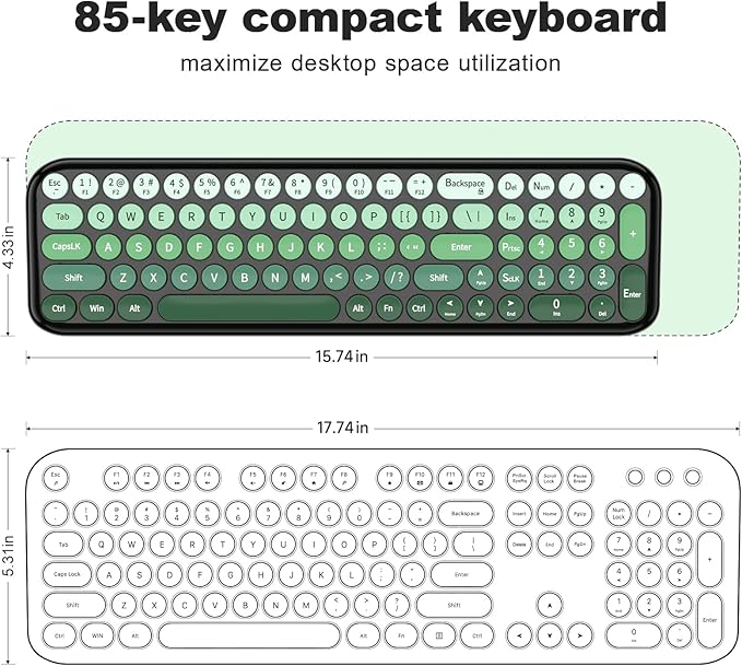 Wireless Keyboard and Mouse Combo, MOWUX Compact Typewriter Retro Round Computer Keyboard, Cute Optical Mouse Wireless, Plug and Play, for Laptop, PC, Computer- Black Green Gradient