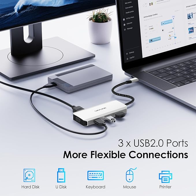 WAVLINK USB-C Quad Display Docking Station, 4K Triple Monitor Laptop Dock Hub for Windows, Dual HDMI + DisplayPort + VGA, 3 USB Ports