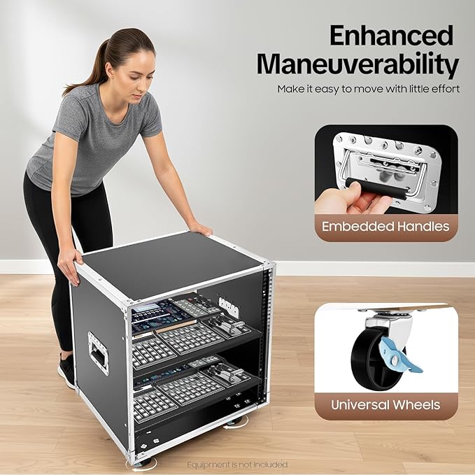 12U Portable Rolling Network Rack with Built-in Handles, Mobile Equipment Cabinet for Audio, KTV Rooms, Meeting Rooms and Stage Use (Black)