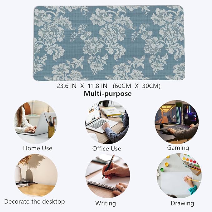 Blue Chinoiserie Mouse Pad,Vintage Blue and White Floral Desk Mat,Big Large Vintage Floral Preppy Trendy Mouse Pad,Girly Gaming Mousepad,Girly Laptop Desk Mat for Dorm Home Office,23.6x11.8 In