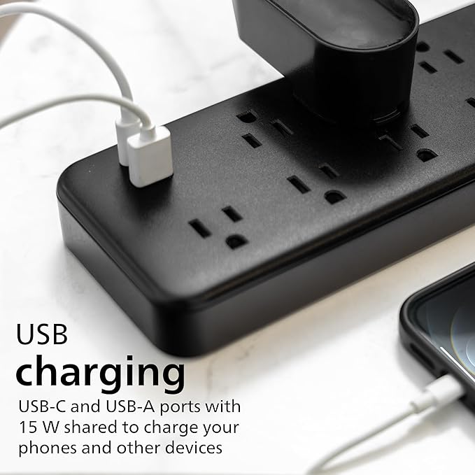 Philips 9-Outlet Surge Protector with USB Charging, 6ft Braided Extension Cord, 1USB-A, 1USB-C, 2400J, Adapter Spaced, Black - SPP3983B/37