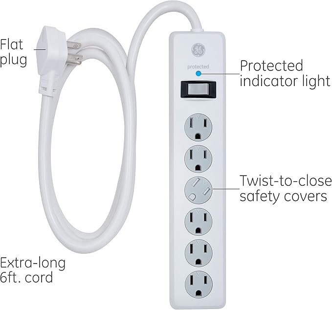 GE Surge Protector Power Strip, 6 Ft Extension Cord, 6 Outlet Extender, 800 Joules, Flat Plug, Twist-to-Close Safety Covers, ETL Listed, White, 2 Pack, 54638