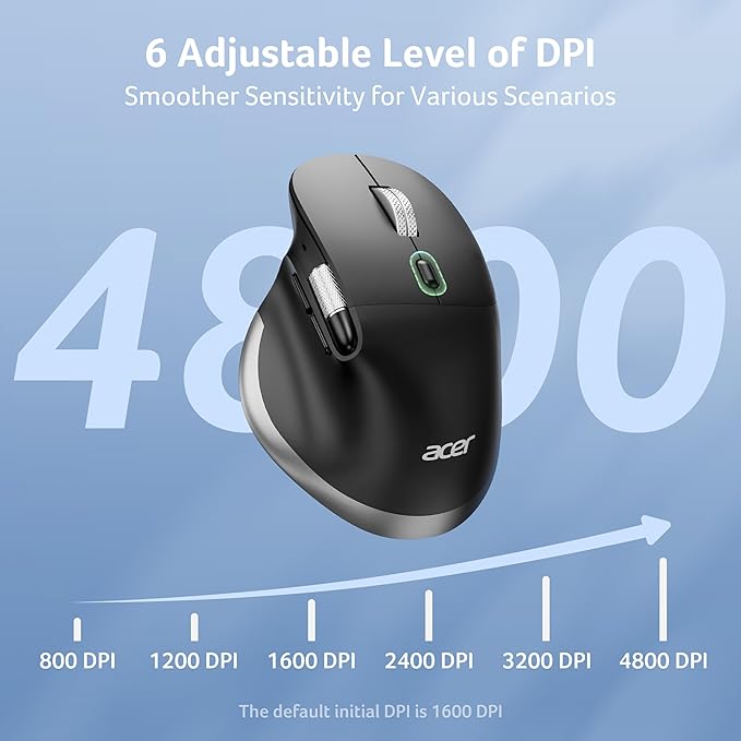 acer Ergonomic Mouse Wireless Rechargeable with Side Scroll (BT5.2+2.4GHz), Bluetooth Computer Mouse for Laptop, Medium to Large Sized Hands, Office USB Mice, 8 Buttons, 4800 DPI for PC, Desktop