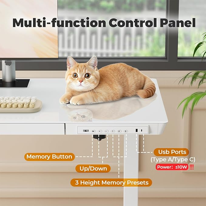 Glass Small Standing Desk with Drawer, 31.5" x 20" Whole Piece Electric Sit Stand Table, Height Adjustable Desk with Storage & USB Ports, Quick Install Home Office Computer Desk, White