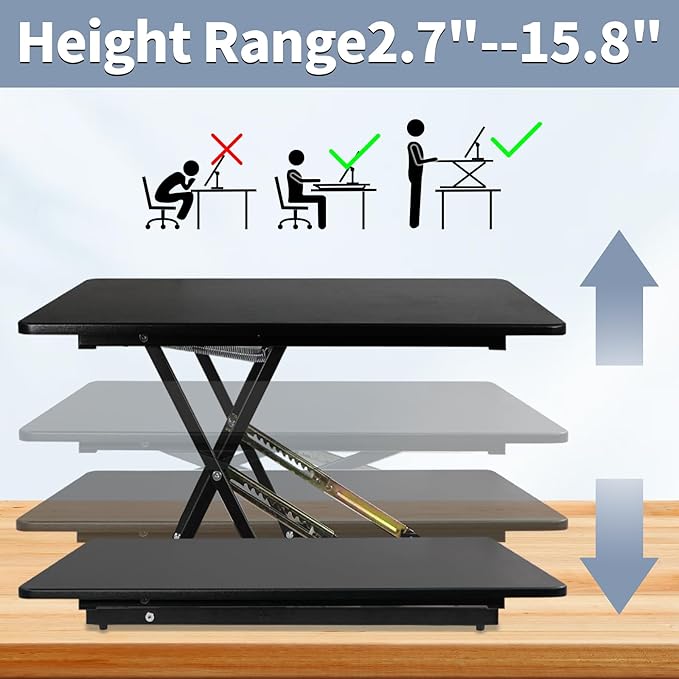32in Desk Riser for Standing or Sitting, Large Standing Desk Converter, Height Adjustable Sit Stand Desk Converter, Fully Assembled Monitor Laptop Riser Workstation for Home Office, Black