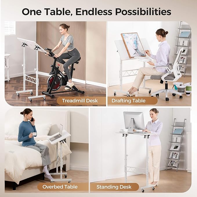 GTPLAYER Standing Desk Adjustable Height & Tiltable Tabletop, 32 Inch Portable Desk for Home Office Stand Up Work and Walking Pad Treadmill, Small Mobile Computer Table for Laptop, White
