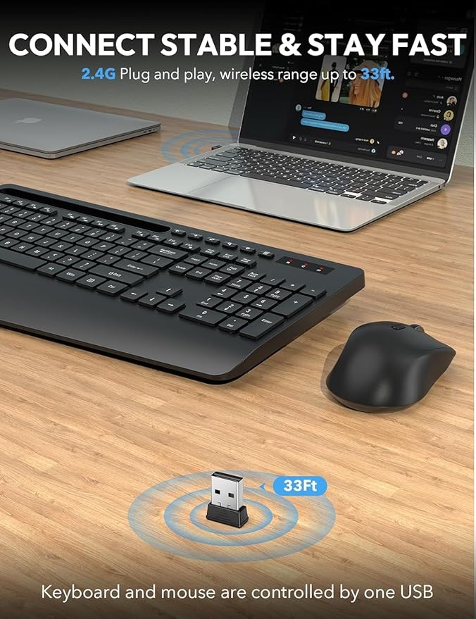 Wireless Keyboard and Mouse Combo - Full Size Ergonomic Wrist Rest, Silent Typing, Phone Holder, 2.4 GHz, 3 Level DPI, Batteries Powered, KM23D Set Compatible with PC, Laptop, Windows, macOS -SABLUTE