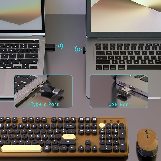 Wireless Computer Keyboards Mouse Combos, COVEVA Colorful Typewriter Retro Keyboard with Round Keycaps, USB Keyboard and Mouse Set 2.4GHz Full-Size Wireless Keyboard and Optical Mouse（Black-Coffee）