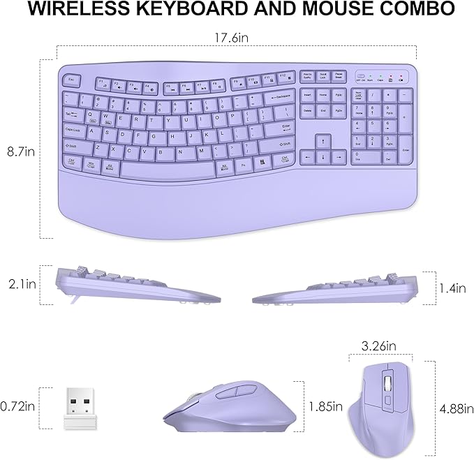 Wireless Keyboard and Mouse Combo, 2.4G Full Size Wave Keys Ergonomic Keyboard with Wrist Rest and 3-Level DPI Adjustable Wireless Ergonomic Mouse for Windows, Mac OS Desktop/Laptop/PC(Purple)