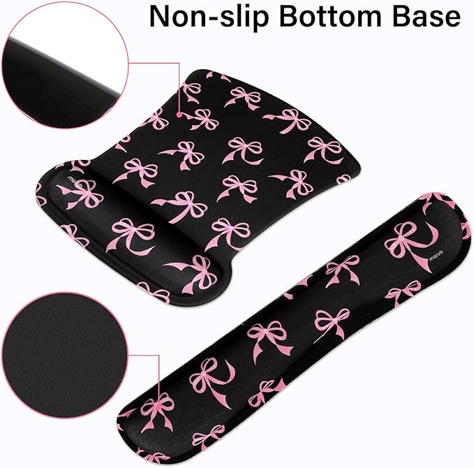 MOSISO Wrist Rest Support for Mouse Pad&Keyboard Set, Pink Bows Ergonomic Mousepad&Coaster Non-Slip Base Home/Office Pain Relief&Easy Typing Cushion with Neoprene Cloth&Raised Memory Foam, Black