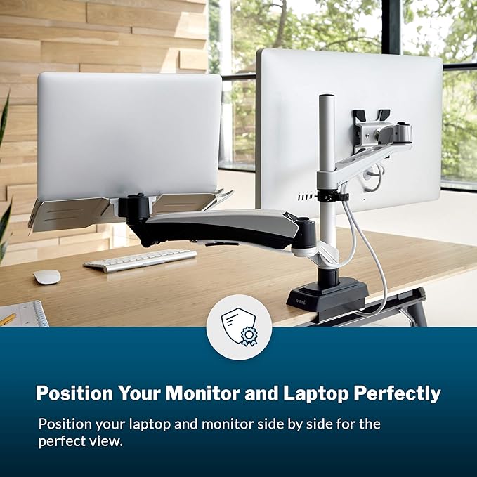 Vari Monitor Arm & Laptop Stand - VESA Compatible Mount with 360 Degree Rotation & 15" Laptop Stand with Adjustable Height, Monitors up to 27 inches, 19.8 lbs Capacity - Single Monitor & Laptop Holder