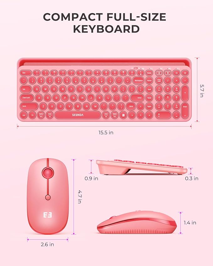 seenda Bluetooth Keyboard and Mouse for iPad, CTU-301 Wireless Multi-Device Connection Bluetooth+2.4G Keyboard Mouse Combo with Tablet Holder for iPad/MacBook/Windows, iOS/Andriod/Phone, Coral Pink