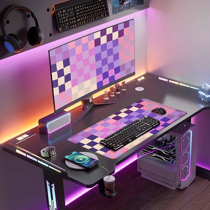 Pastel Purple Pink Checkered Desk Mat XXL Large Mouse Pad with Stitched Edges, Keyboard Pad Mouse Mat for Computer Deor Desk Matt for Desktop 31.5 X 15.7In