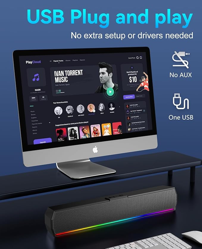 Kunodi USB Computer Speakers for Desktop Monitor, PC Speakers with Stereo Sound, Colorful Light Modes, Plug & Play, USB C Powered for Computer Laptop Monitor Tablet Work