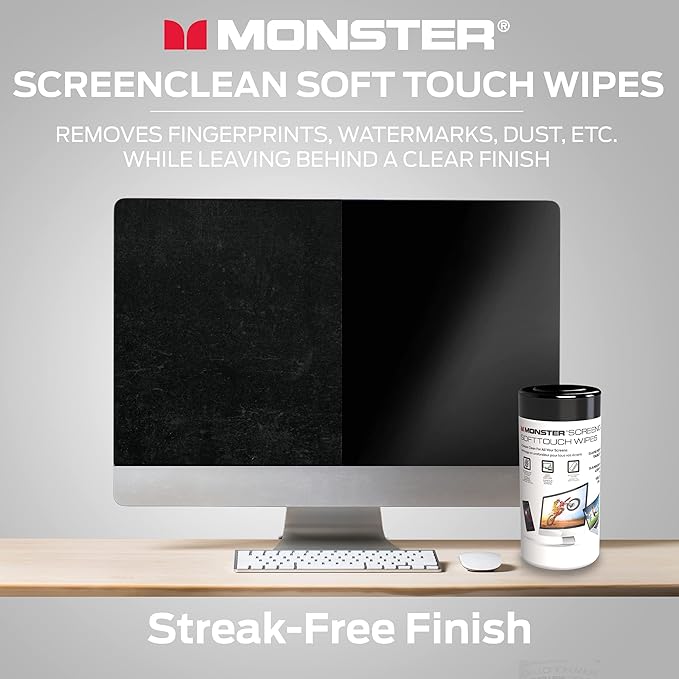 Monster Screen Cleaner Kit, 60 mL, Microfiber Cloth, White/Black/Red, Water Resistant, for TVs, Laptops, Tablets, Smartphones, Car Touch Screens, Eyeglasses