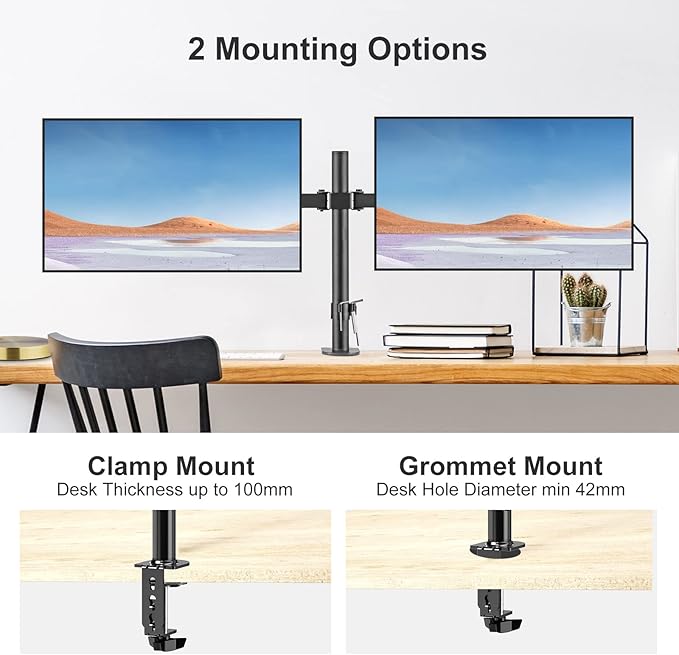 Bracwiser Dual Fully Adjustable Monitor Arm Stand Mount Fits Two Screen 13-27 inch 22lbs for Monitor Computer Screen 13 15 17 19 20 22 23 24 26 27 inch VESA 75 100 (MD7442)