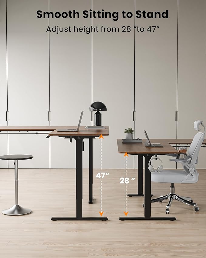 75X61 Inches Reversible L Shaped Standing Desk Height Adjustable, Electric Corner Computer Desk with Cup Holder, Sit Stand up Home Office Desk, Ergonomic Gaming Desk, Black Walnut